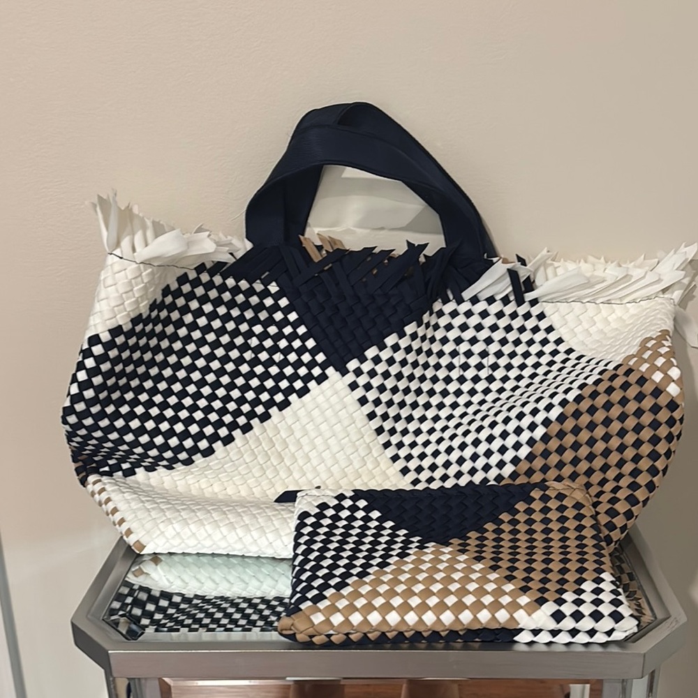 Naghedi Navy and White Geometric Tote Bag